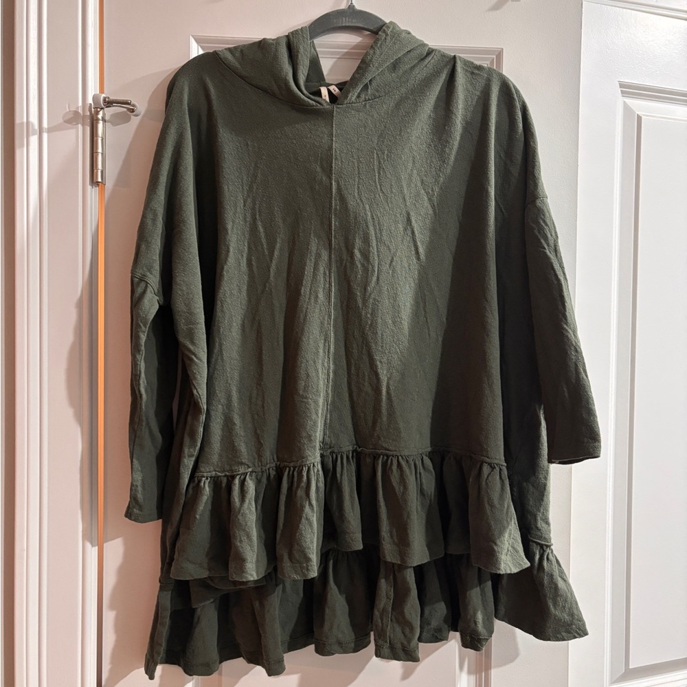 Anthro Olive Green Hooded Tunic with Ruffle Hem